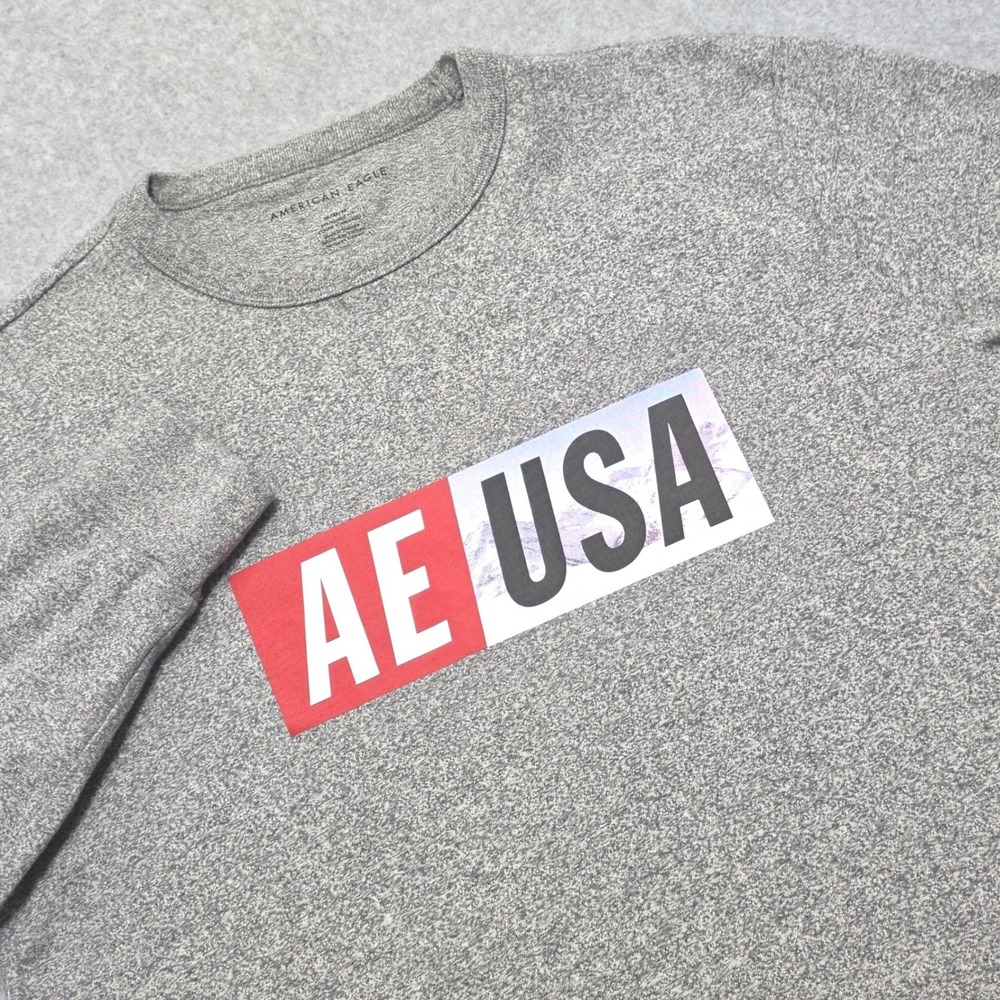 American Eagle Mens‎ Grey AE USA Graphic Long Sleeve T-Shirt Standard Fit Medium